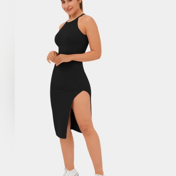 NWT HALARA Black Ribbed Knit Round Neck Split Bodycon Midi Casual Dress, US S - Picture 4 of 6